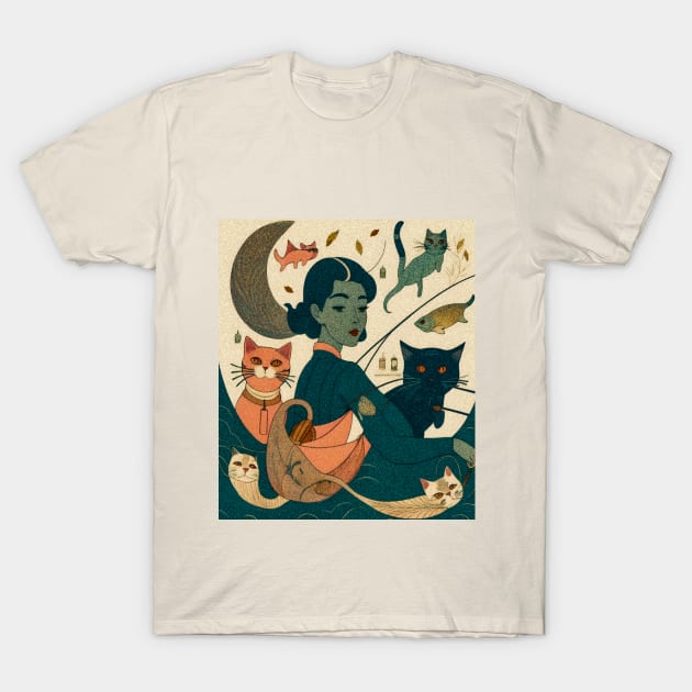 Vintage Art: Portrait of Girl Fishing with her cats T-Shirt by Cyrensea